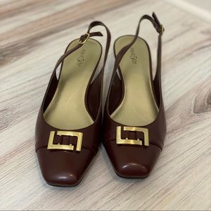 East5th Brown Gold Buckle Slingback Kitten Heels